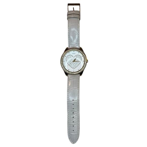 GUESS White Leather Heart Dial Crystal Watch Quartz - Picture 2 of 4
